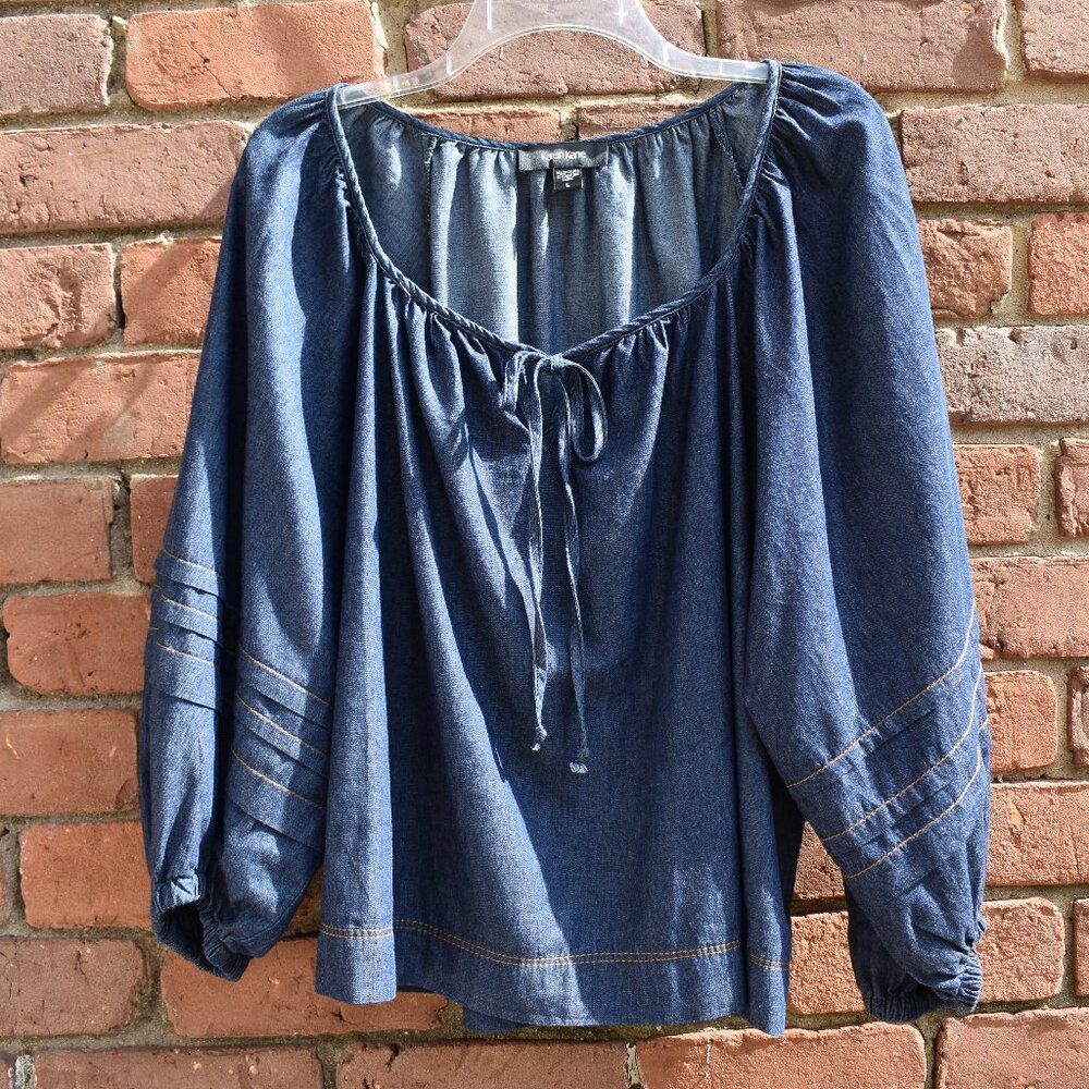 Karen Kane Contrast Stitch Denim Peasant Blouse Size L